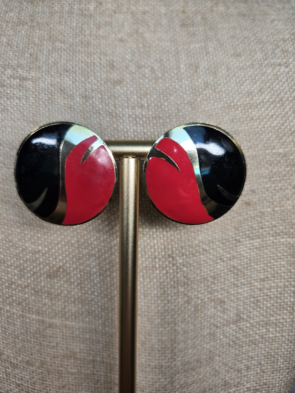 Bold Red and Black Enamel Round Earrings 1980's